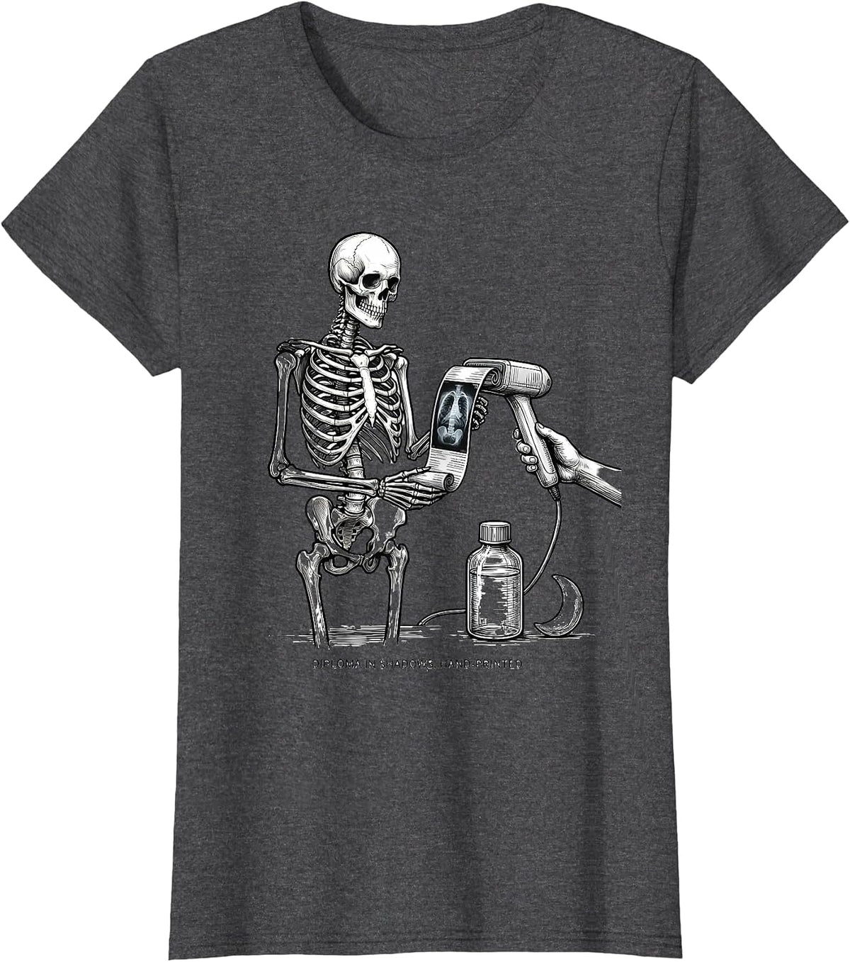 Women's Diploma In Shadows Hand-Printed Radiology Tech Halloween T-Shirt - Dark Heather Grey