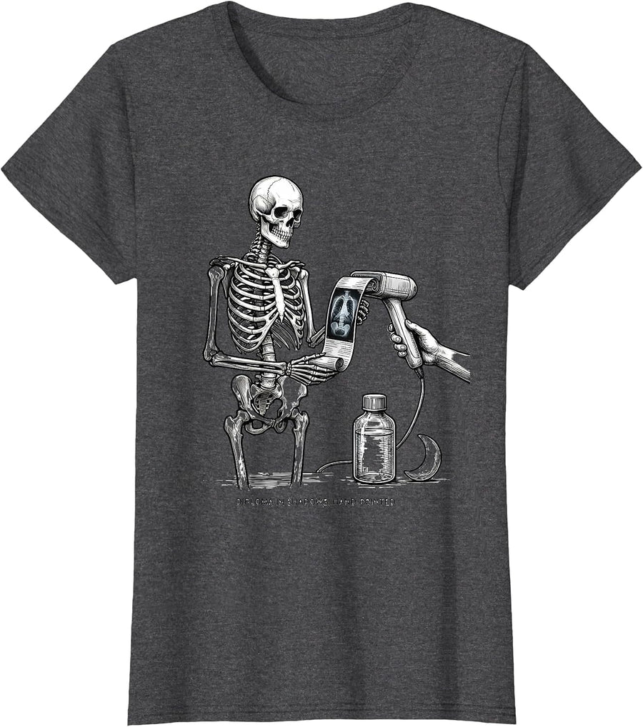 Women's Diploma In Shadows Hand-Printed Radiology Tech Halloween T-Shirt - Dark Heather Grey