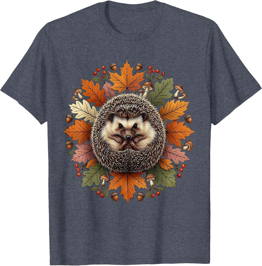 Cottagecore Hedgehog in Autumn Leaves Illustration T-Shirt - Heather Blue