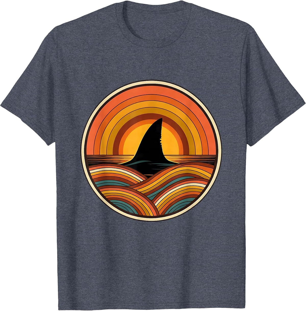 Shark Fin Glassy Ocean Wave Surf Design T-Shirt - Heather Blue