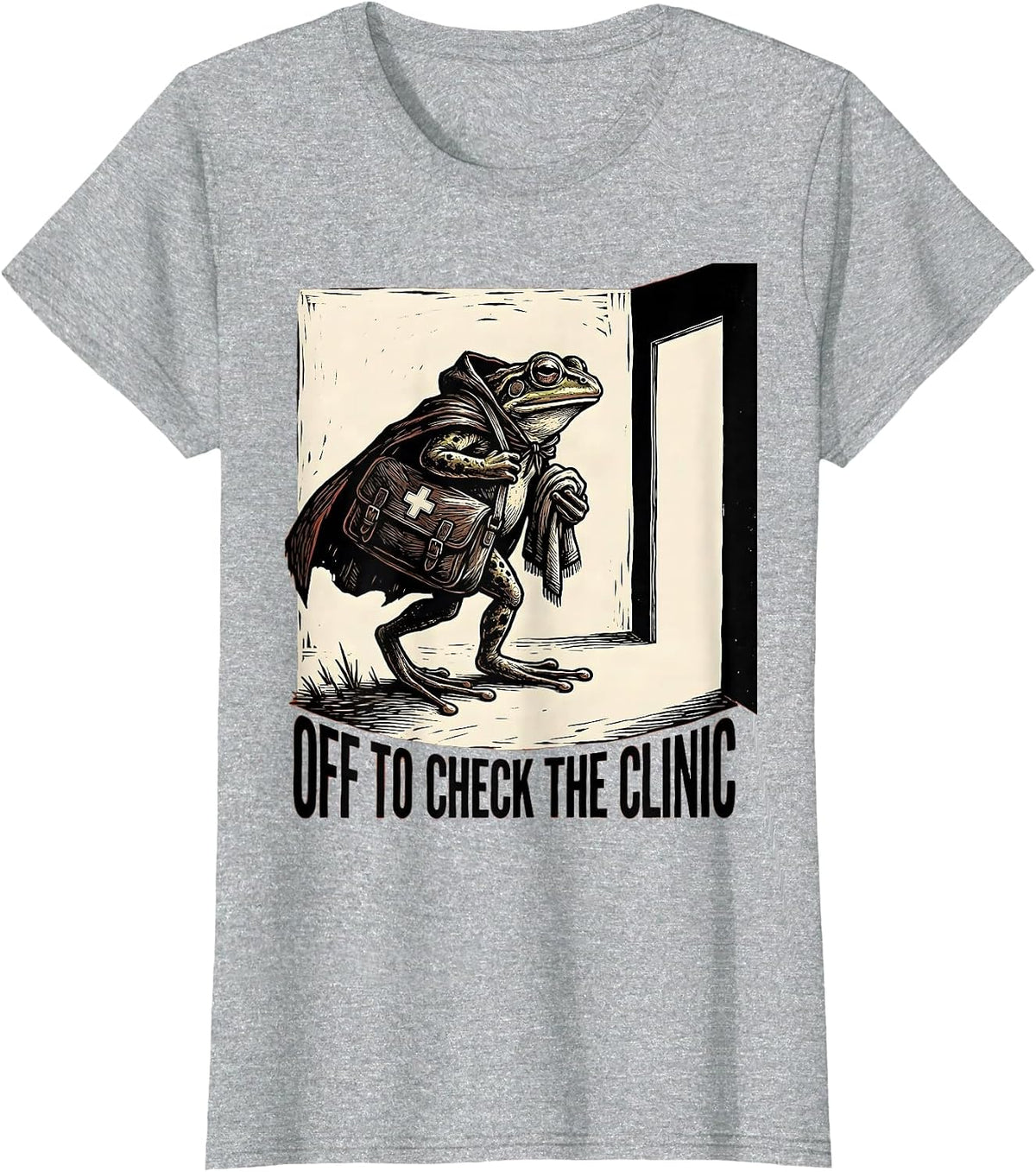 Off To Check The Clinic Linocut Frog Teacher Back to School T-Shirt - Heather Grey