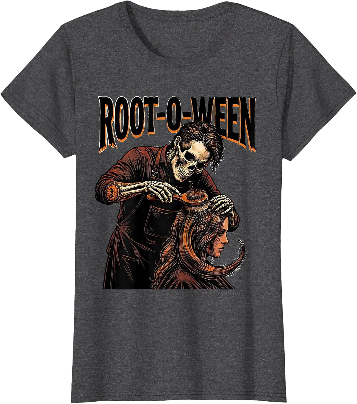 Women's Root-o-Ween Tattoo Skeleton Hairstylist Barber Halloween T-Shirt - Dark Heather Grey