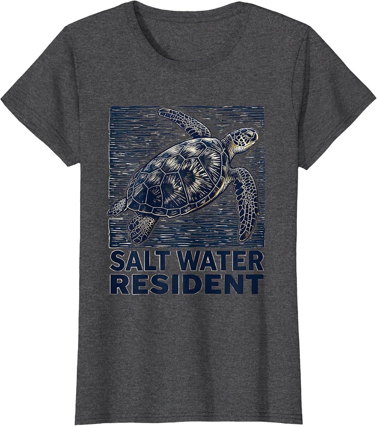 Women's Salt Water Resident Linocut Sea Turtle Tropical Vacation T-Shirt - Dark Heather Grey