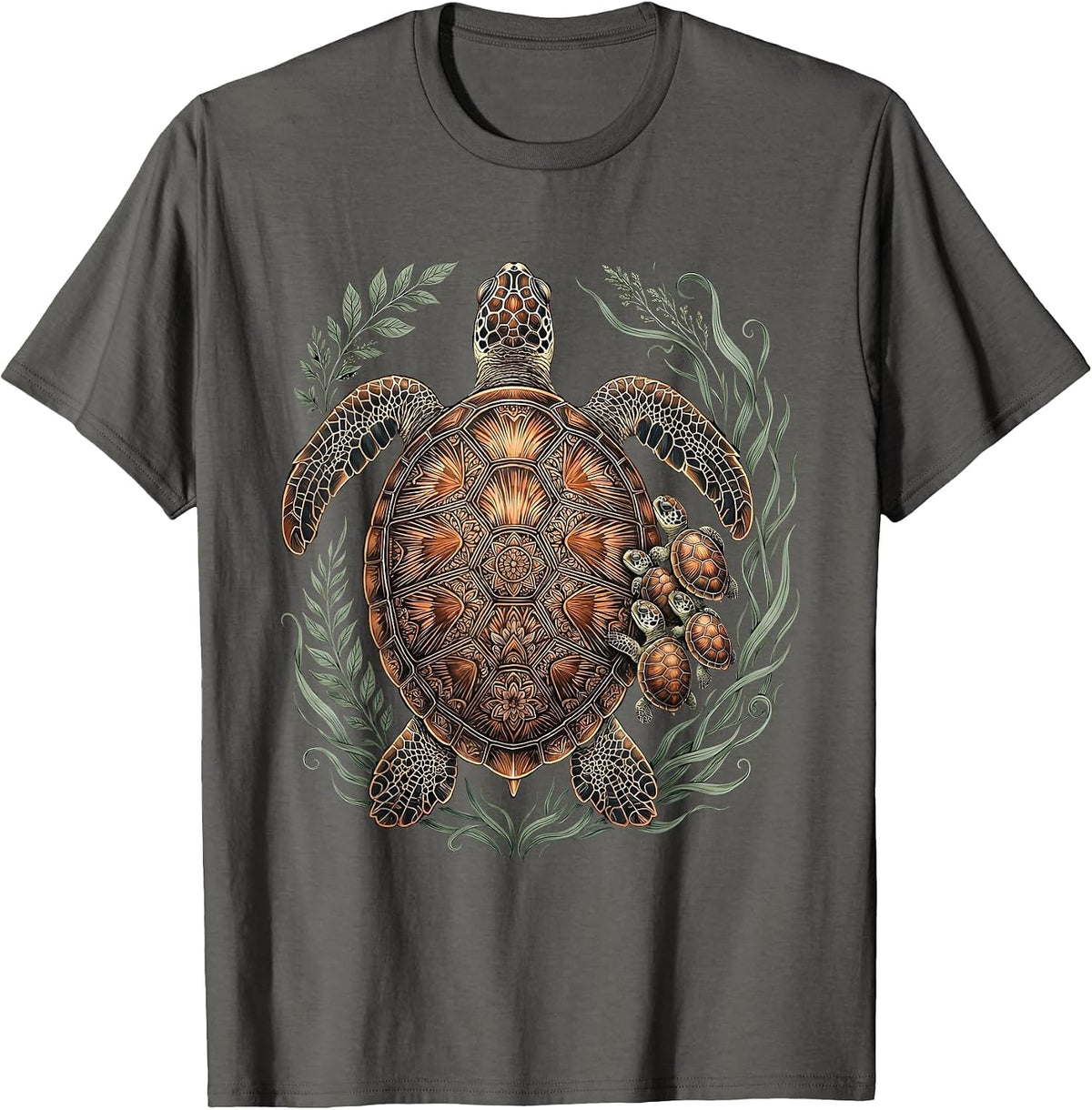 Mother Sea Turtle and Hatchlings Beach Illustration T-Shirt - Asphalt Grey