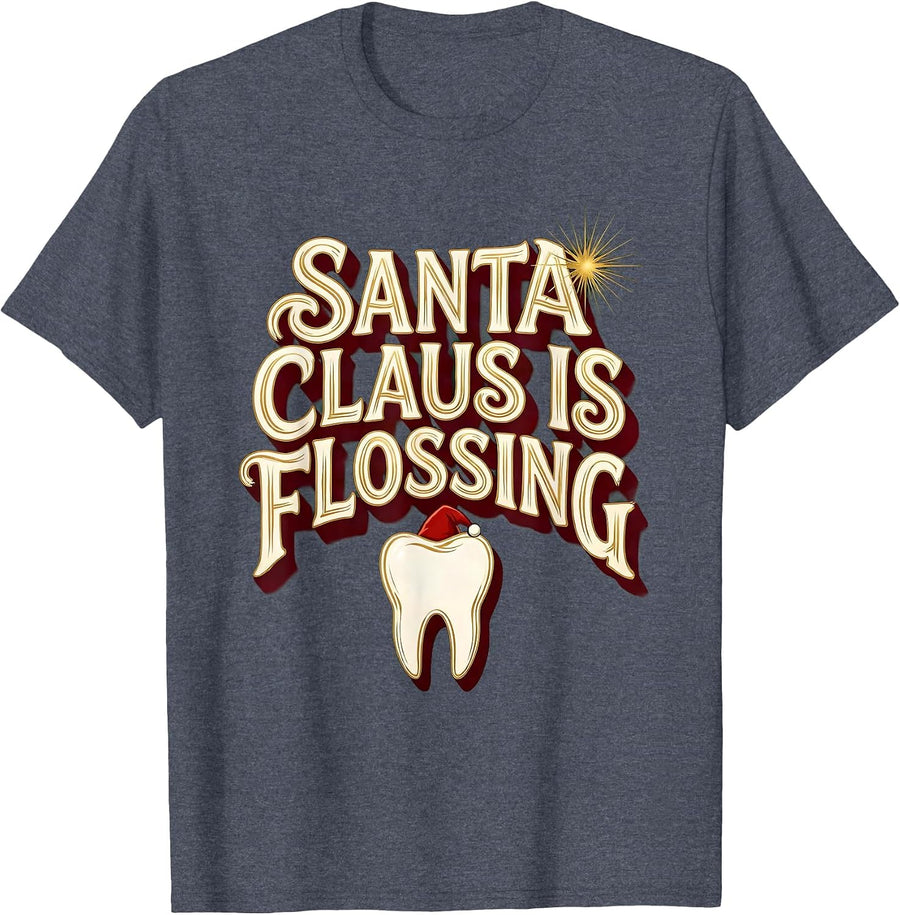 Santa Claus Is Flossing Funny Dental Christmas Dentist T-Shirt - Heather Blue