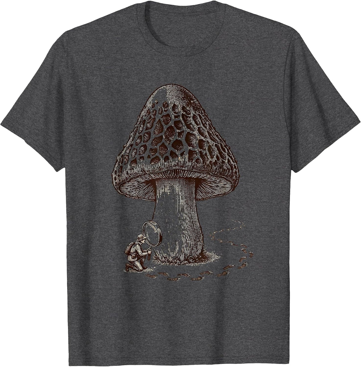 Men's Morel Forager Crosshatch Etching Funny Mushroom Hunting T-Shirt - Dark Heather Grey