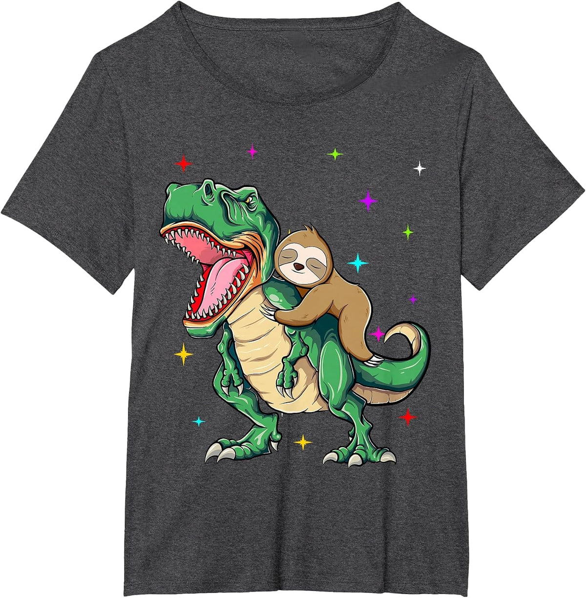 Funny Sloth Riding a T-Rex Dinosaur T-Shirt - Dark Heather Grey