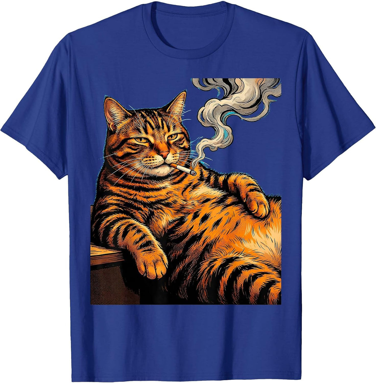 Men's Fat Tabby Cat Lounging With Cigarette Graphic T-Shirt - Royal Blue