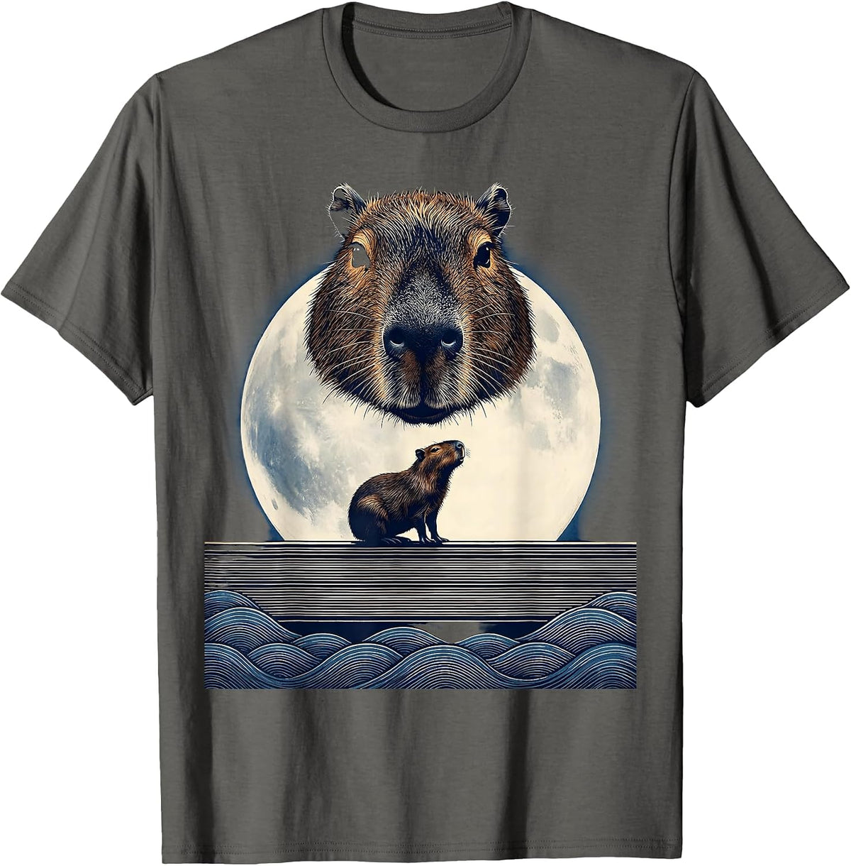 Men's Capybara Head Mask Ukiyo-e Howling Moon Meme T-Shirt - Asphalt Grey