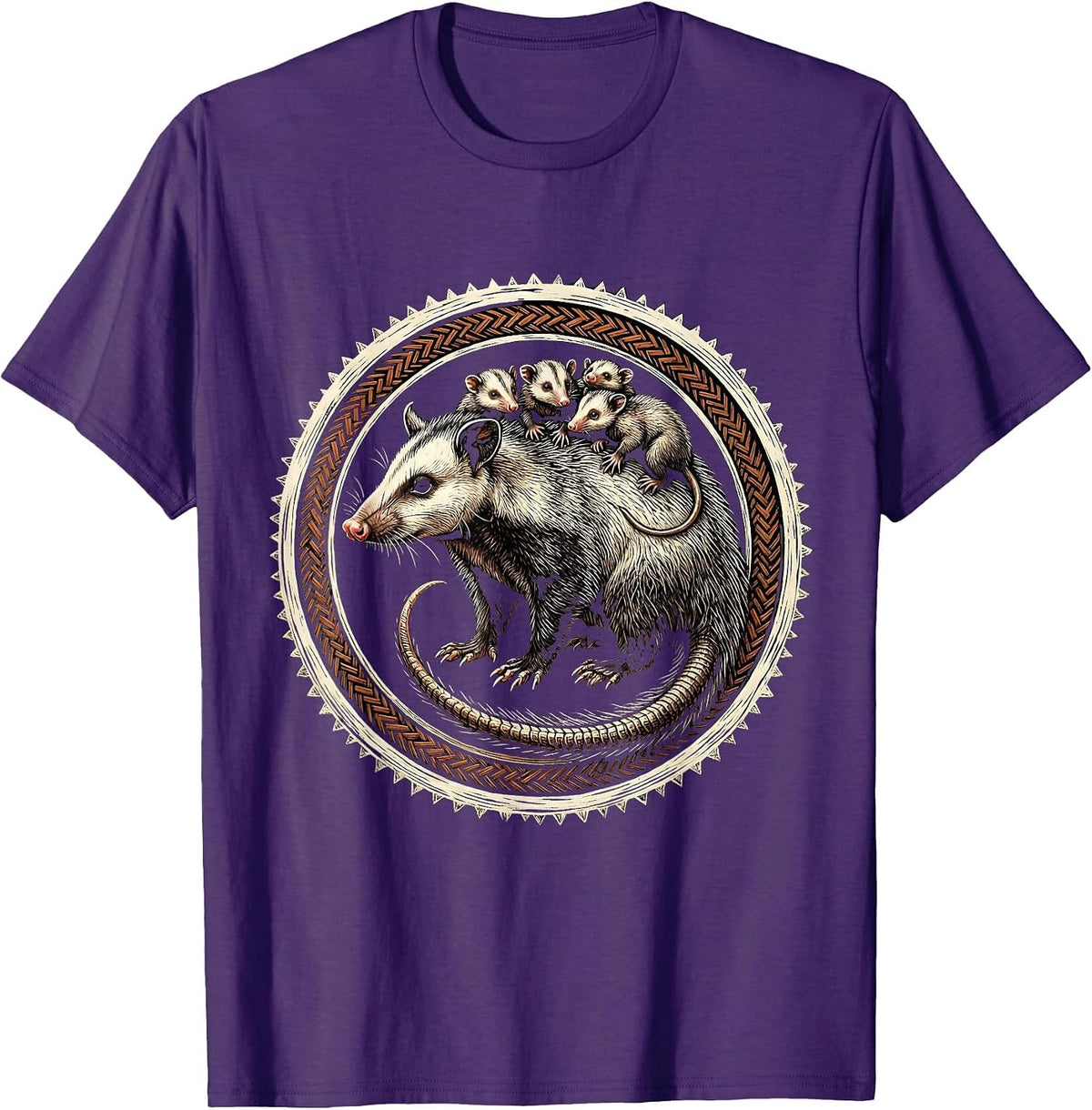 Opossum Mother and Babies Wildlife Illustration T-Shirt - Purple