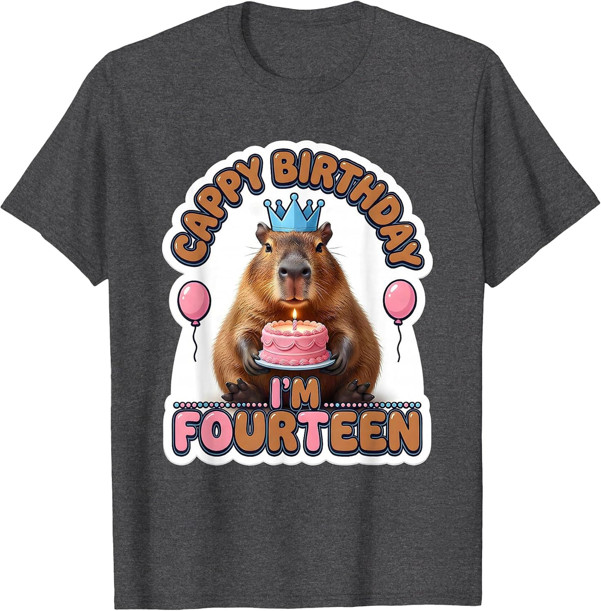 Men's Cappy Birthday I'm Fourteen Kawaii Capybara Birthday Girl T-Shirt - Dark Heather Grey