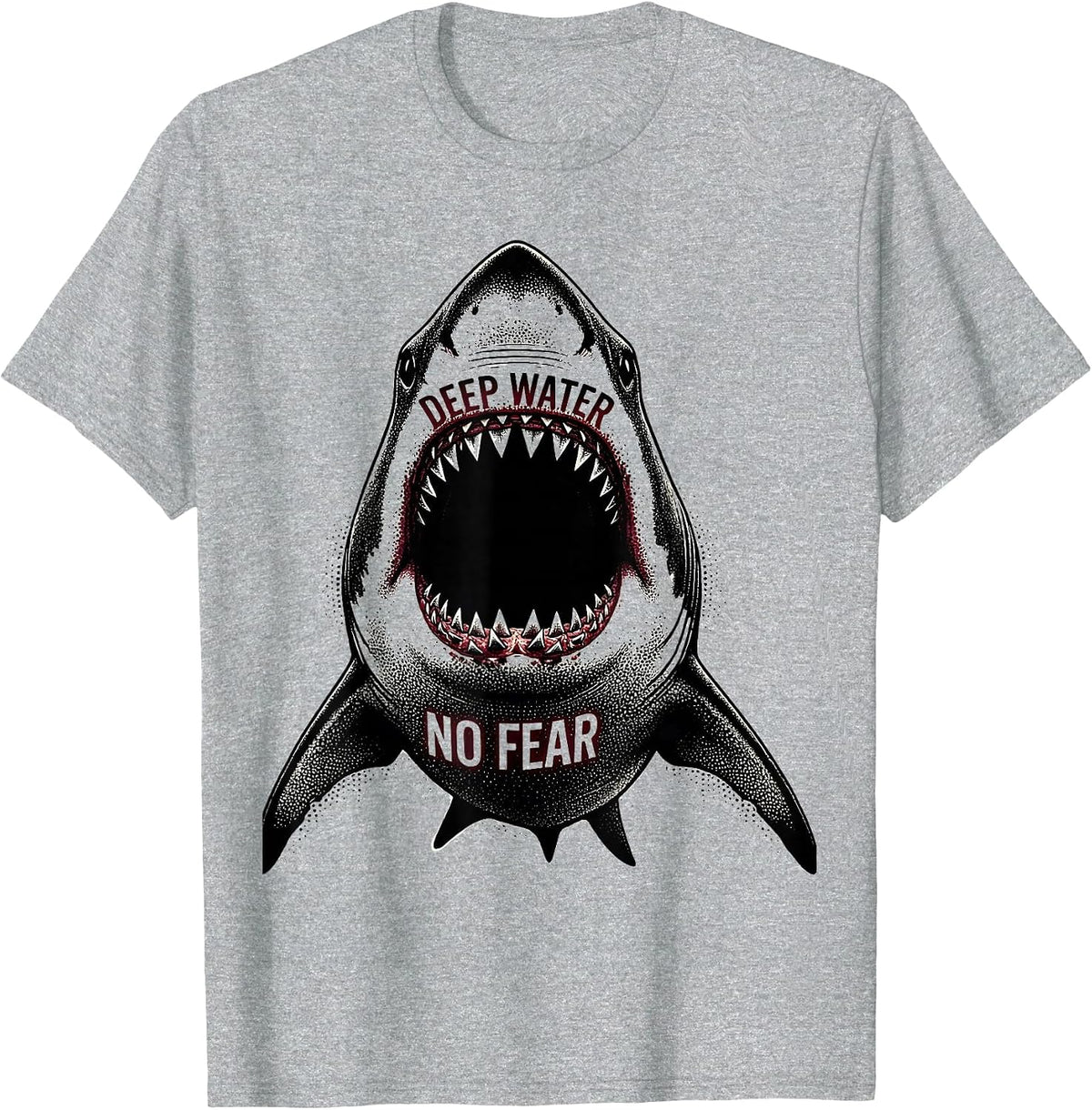 Men's Deep Water No Fear Bold Shark Design T-Shirt - Heather Grey