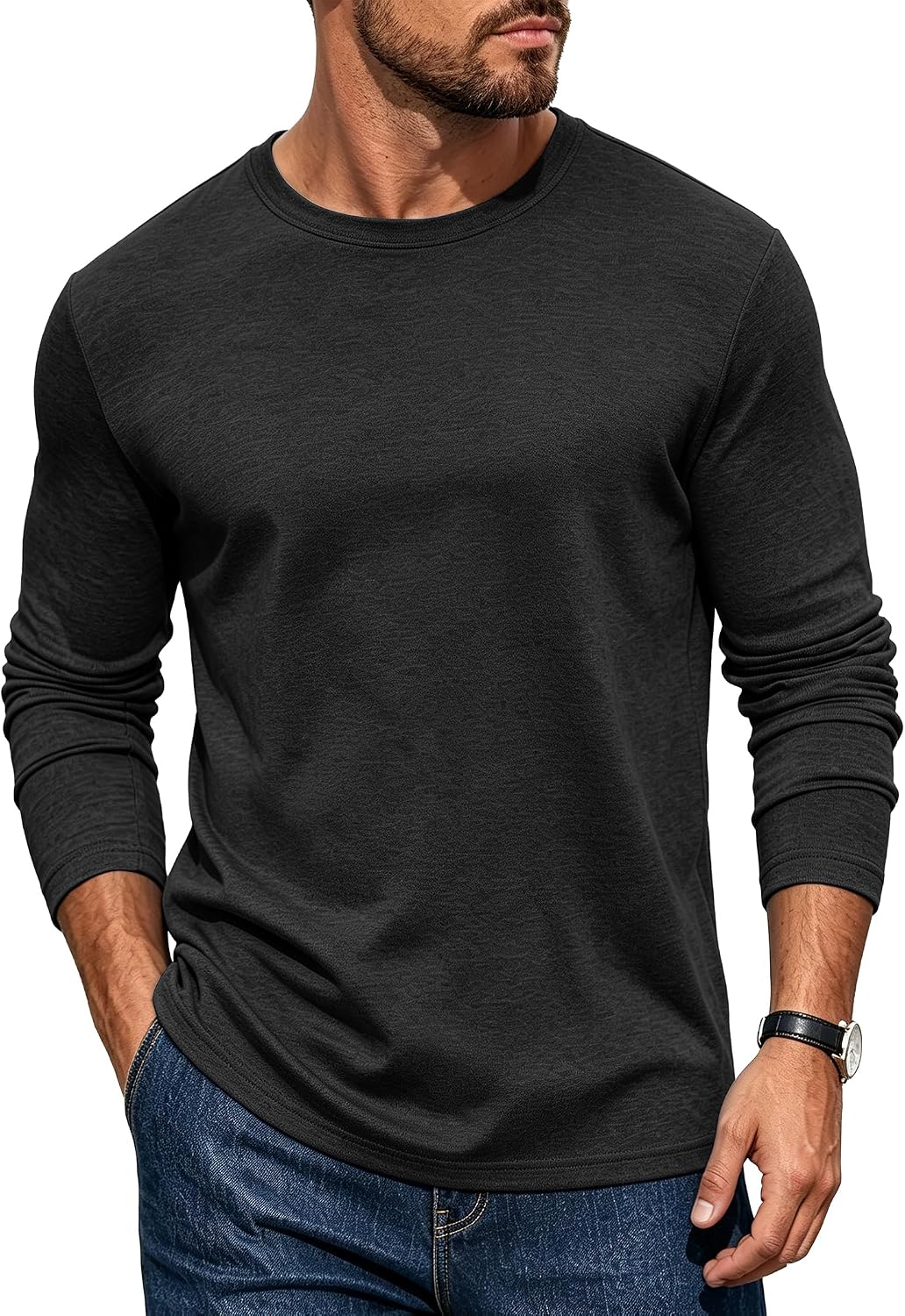 Mens Long Sleeve Tee Shirts Crew Neck Casual Regular Fit Plain - 05 Dark Gray
