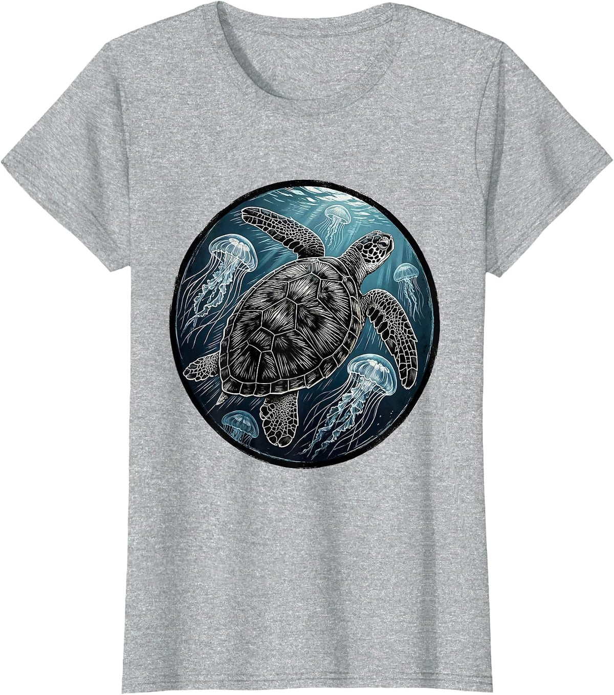 Women's Sea Turtle Swimming Through Jellyfish Bloom T-Shirt - Heather Grey