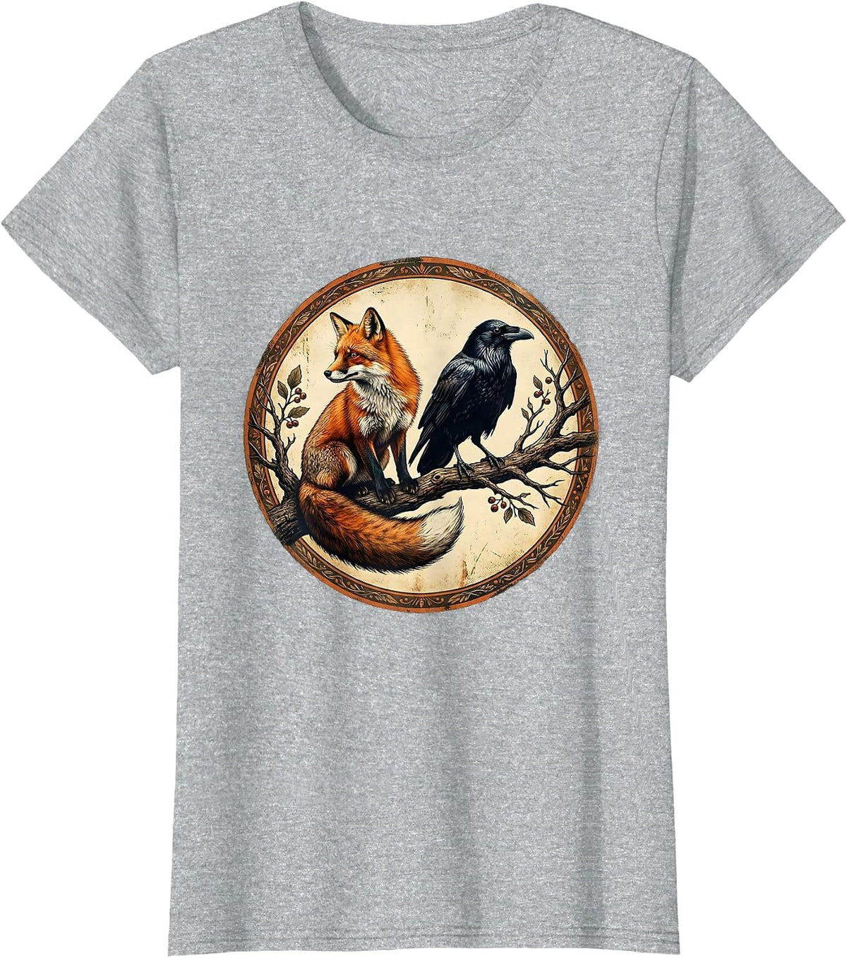 Women's Fox and Raven Perched Together on Branch T-Shirt - Heather Grey