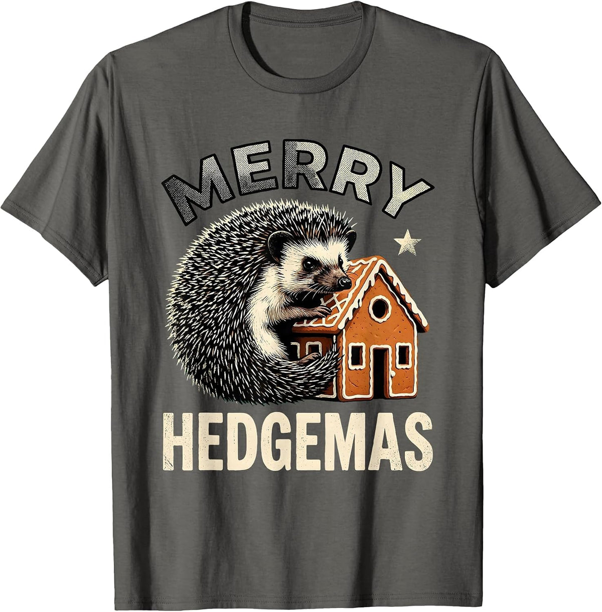 Merry Hedgemas Retro Cartoon Hedgehog Christmas Humor T-Shirt - Asphalt Grey