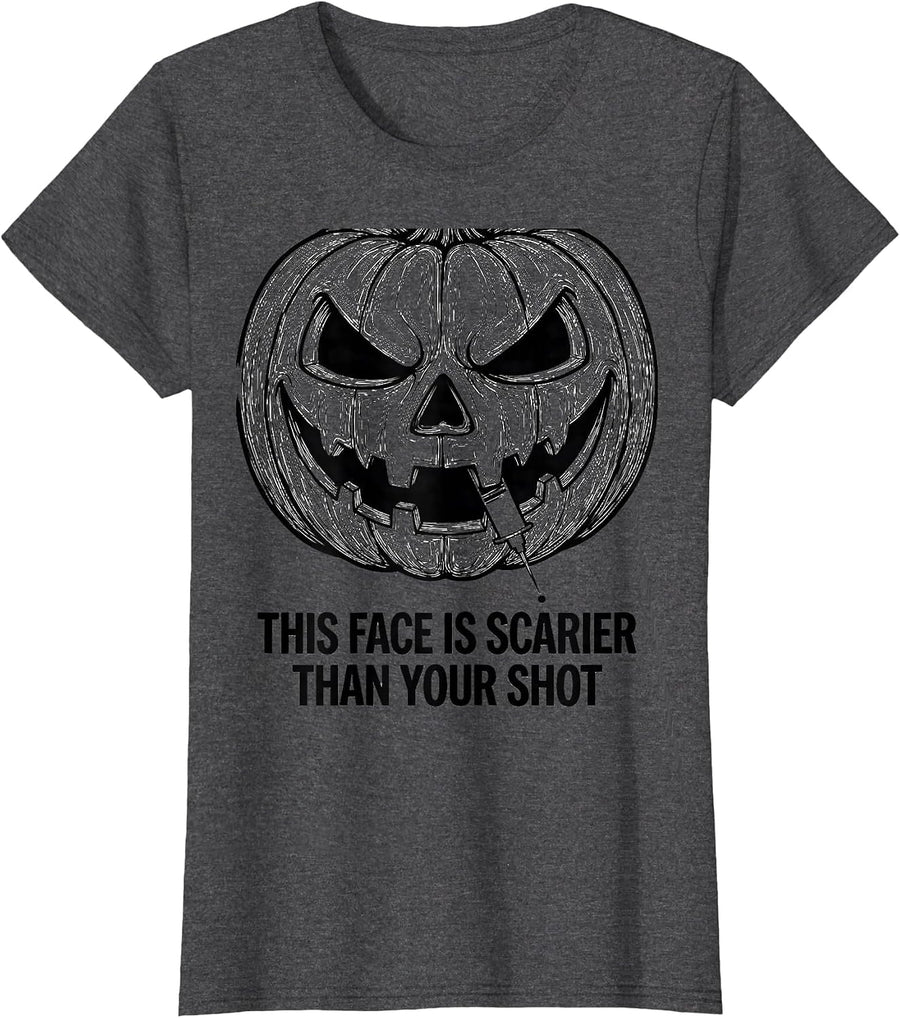 Women's This Face Is Scarier Than Your Shot Funny Halloween Nurse T-Shirt - Dark Heather Grey
