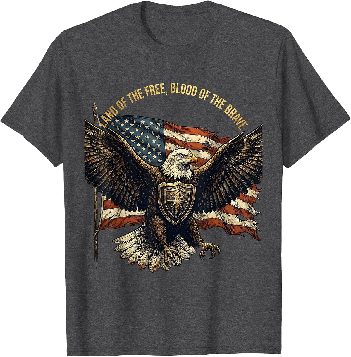 Land of the Free, Blood of the Brave Patriotic Eagle Design T-Shirt - Dark Heather Grey