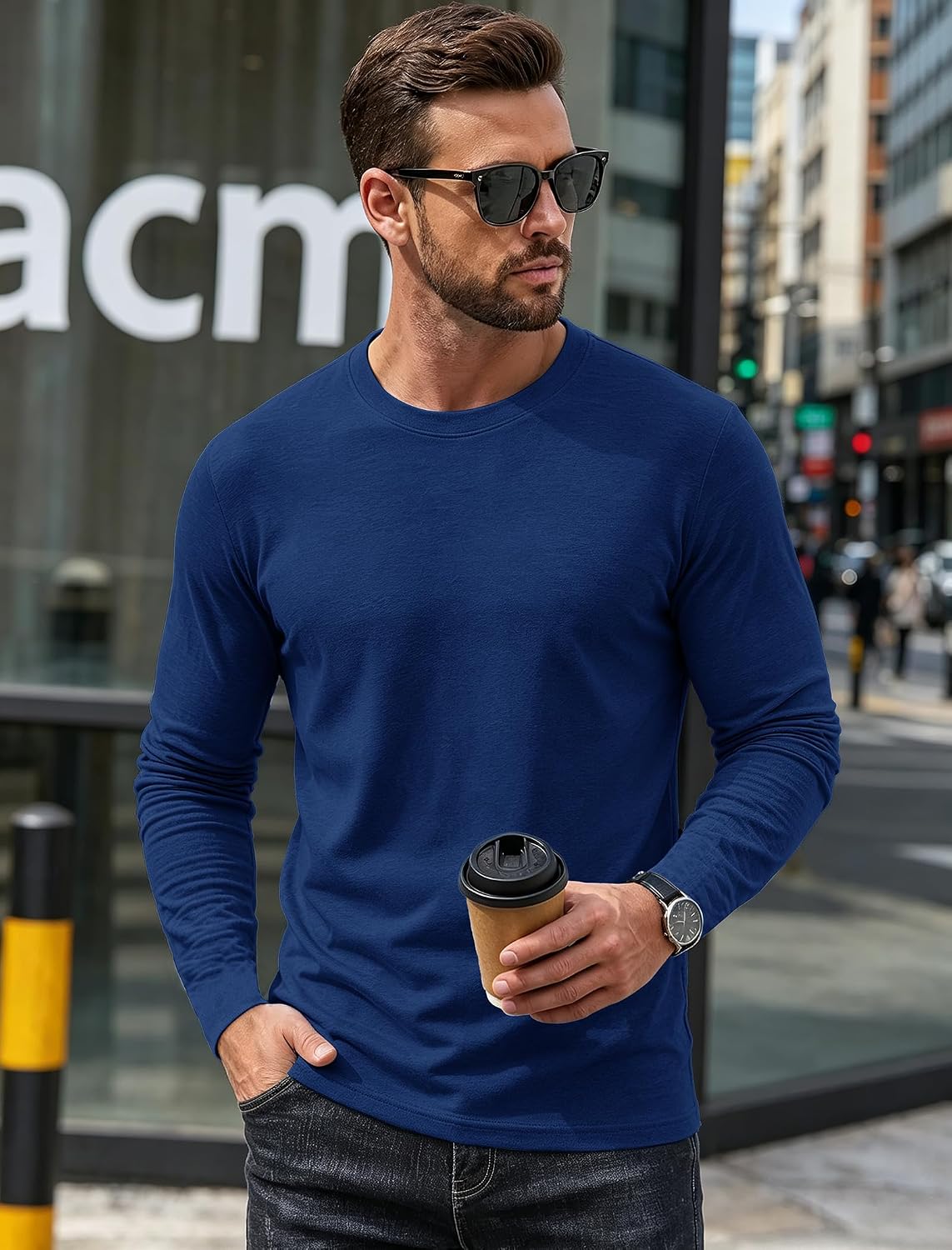 Mens Long Sleeve Tee Shirts Crew Neck Casual Regular Fit Plain - size chart