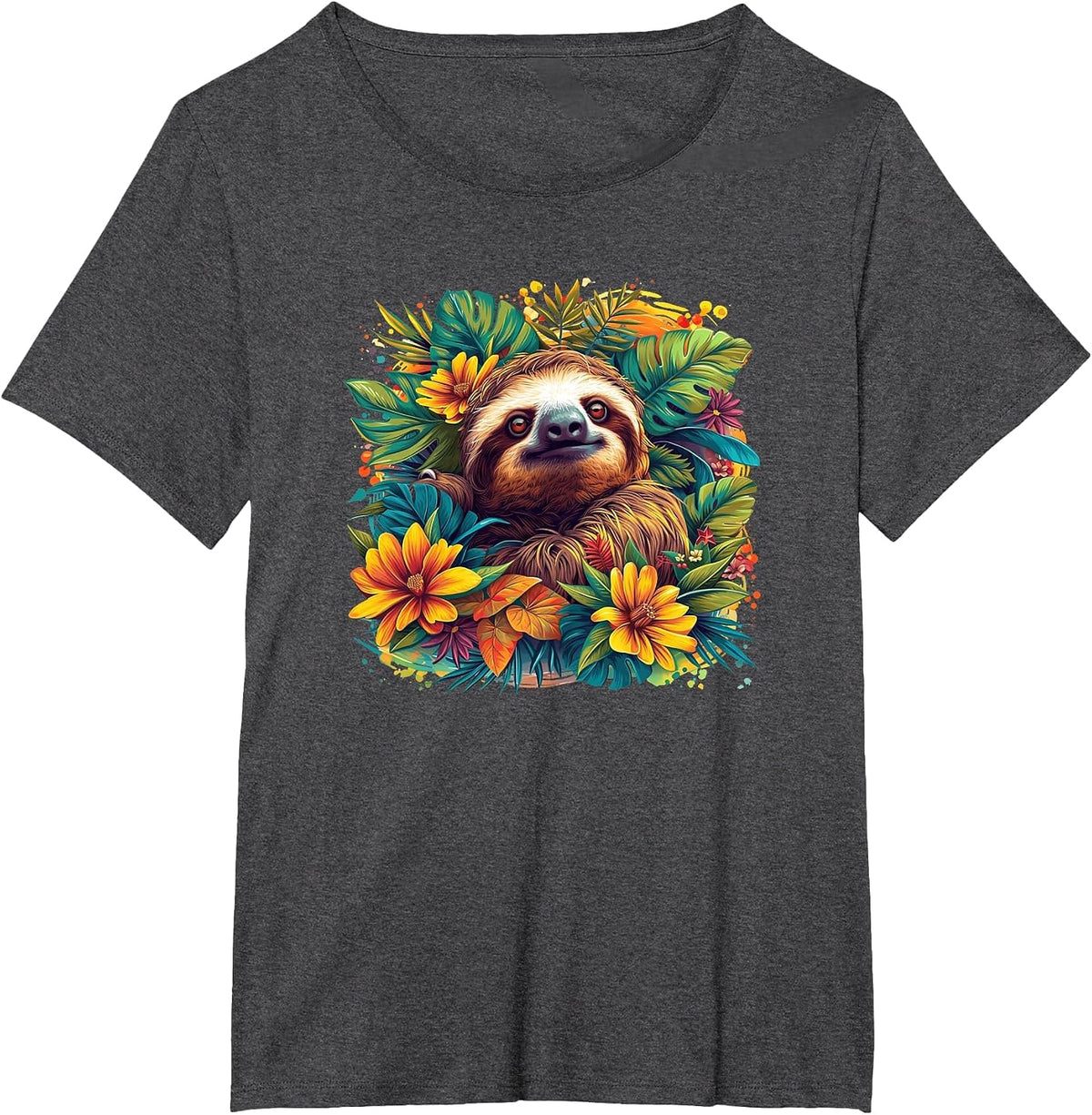 Mens Womens Kids Funny Design Tropical Flowers Sloth Lover T-Shirt - Dark Heather Grey