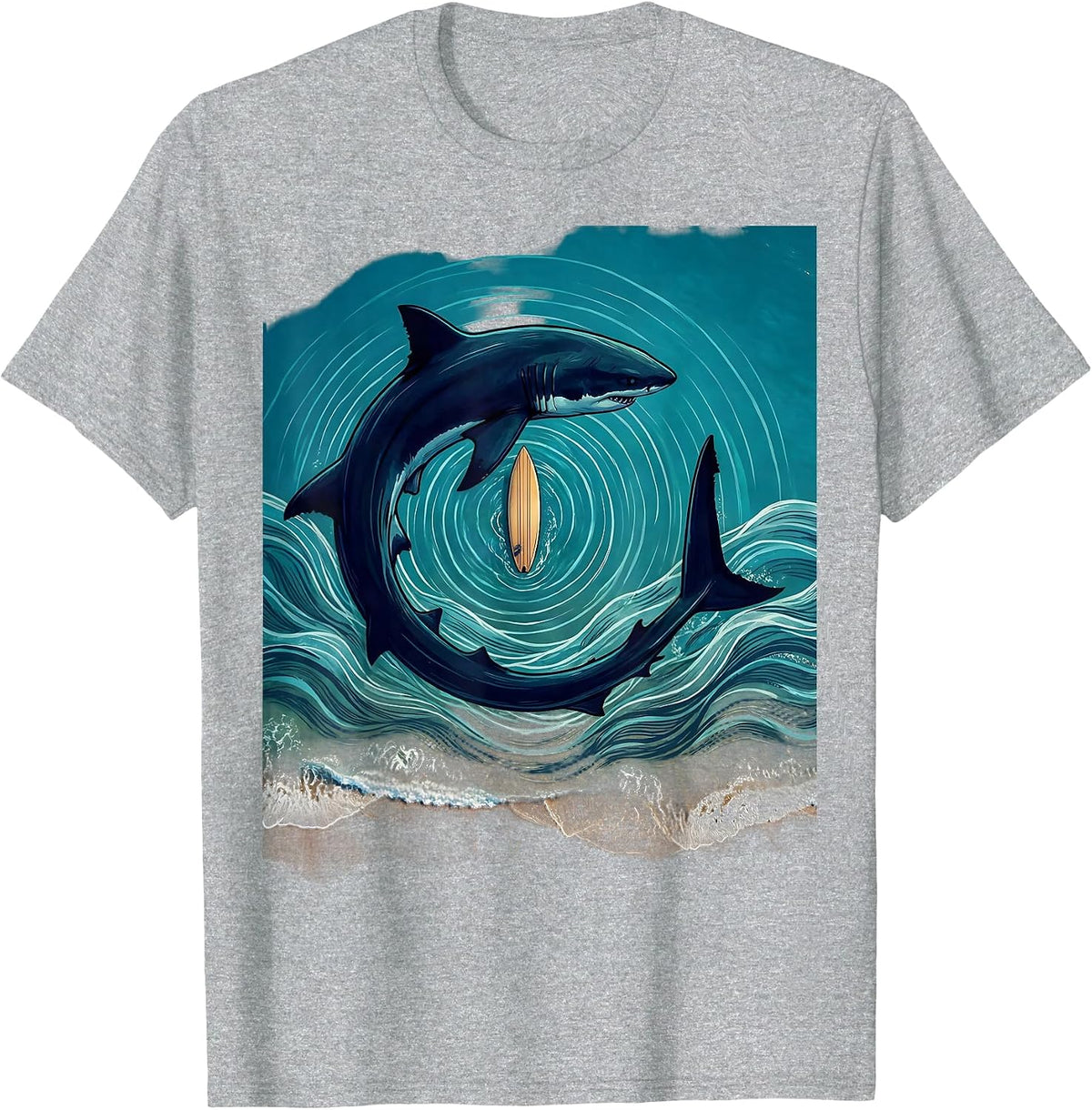 Men's Hawaiian Shark Circling Surfboard Graphic Tee T-Shirt - Heather Grey