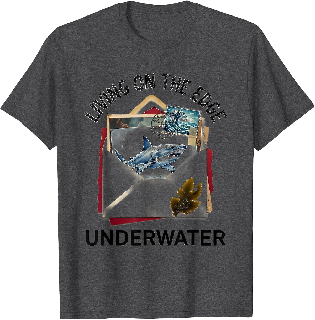 Living On The Edge Underwater Shark Design T-Shirt - Dark Heather Grey