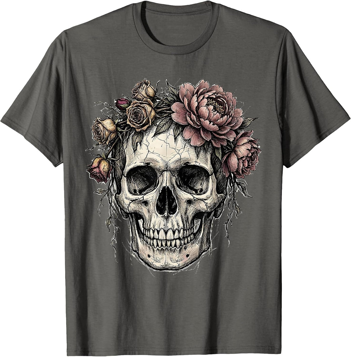 Skull Crowned With Wilting Flowers Emo Design T-Shirt - Asphalt Grey