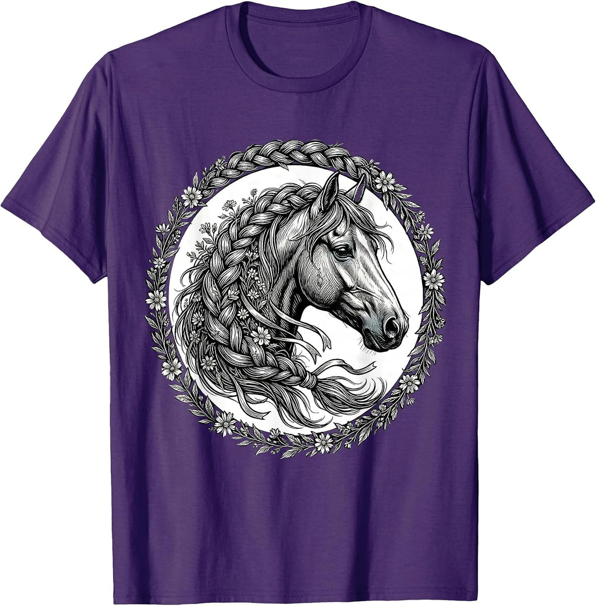 Braided Horse Mane Wildflowers and Ribbon Art T-Shirt - Purple