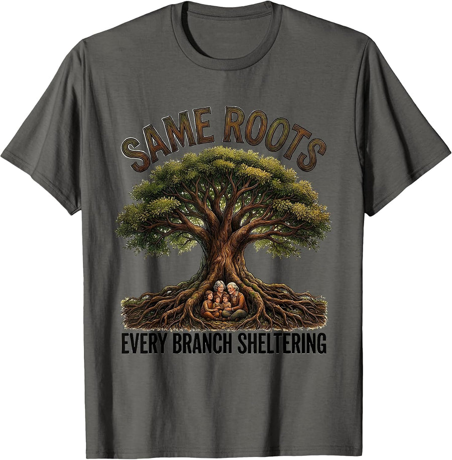 Same Roots Every Branch Sheltering Family Reunion Matching T-Shirt - Asphalt Grey