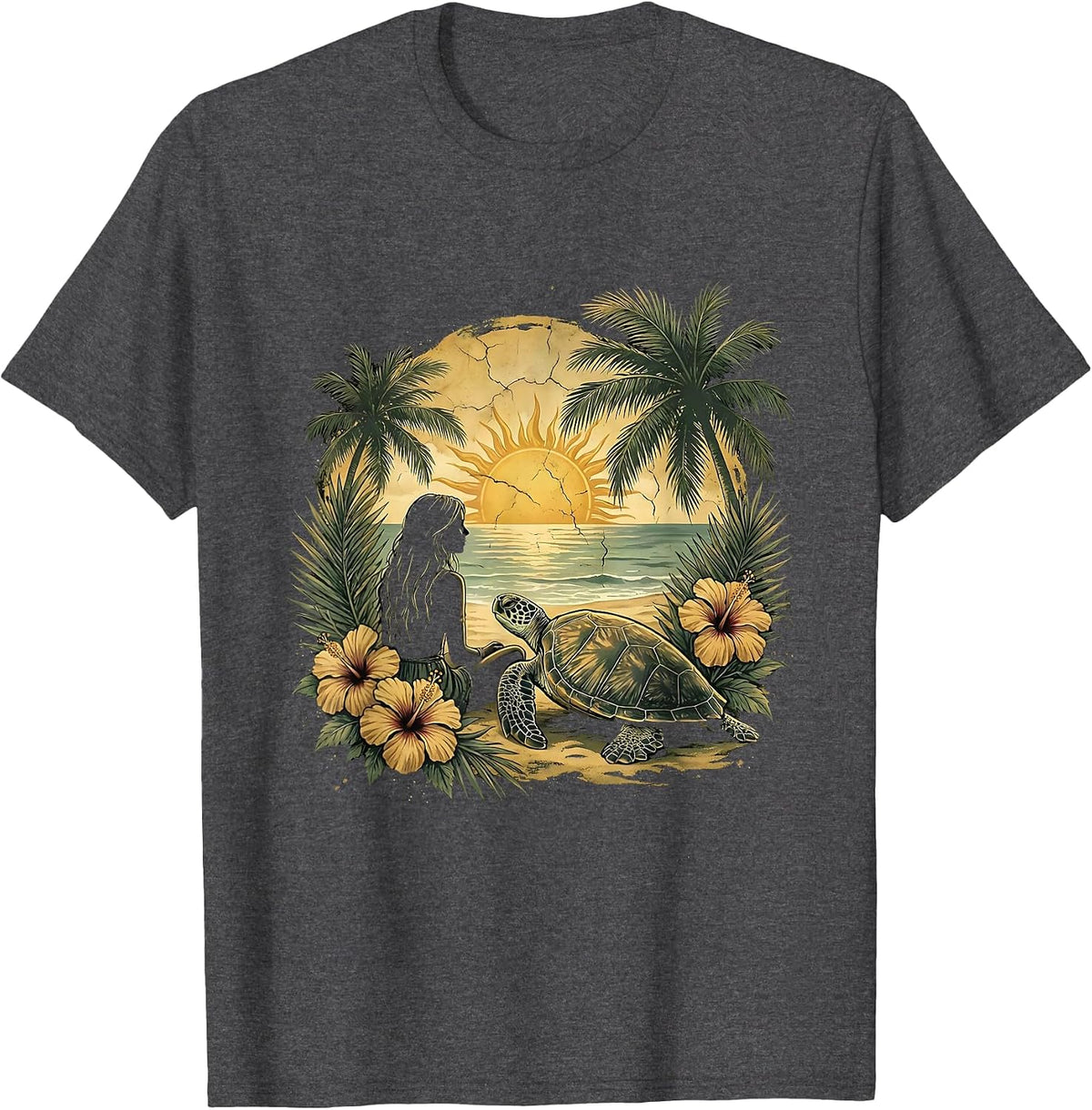 Men's Girl On Beach With Sea Turtle Hawaiian Design T-Shirt - Dark Heather Grey