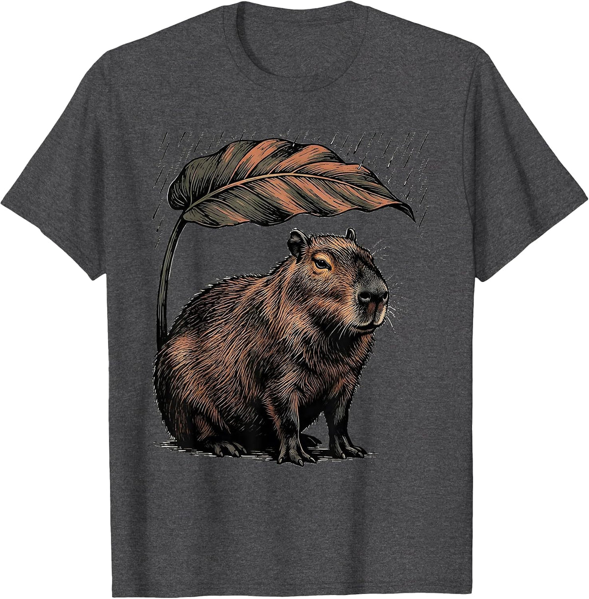Capybara Under Leaf Linocut Funny Animal Humor T-Shirt - Dark Heather Grey
