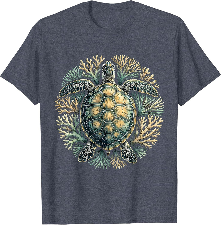 Puerto Rico Sea Turtle Coral Reef Illustration T-Shirt - Heather Blue