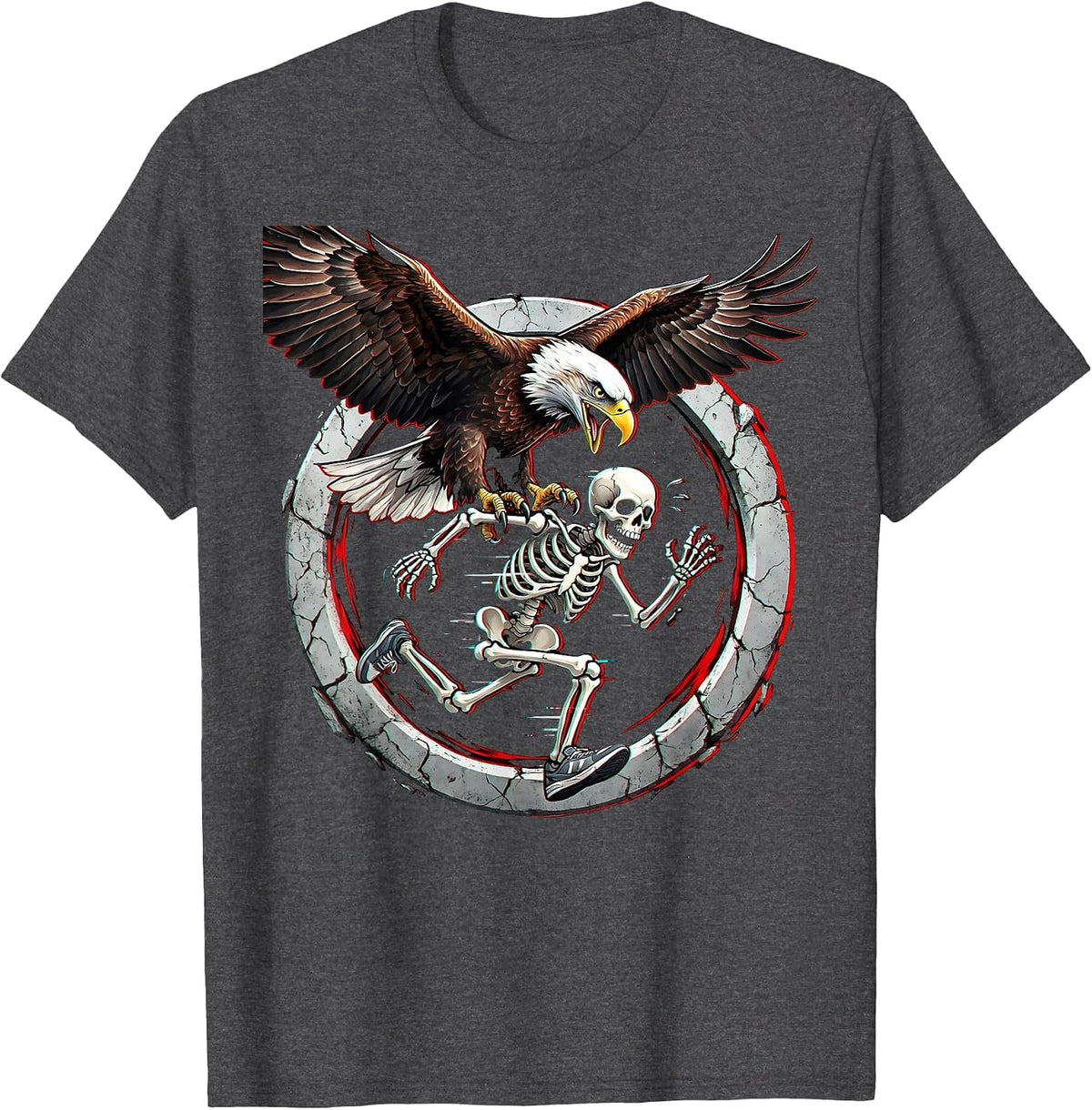 Skeleton Chased by Bald Eagle Patriotic Design T-Shirt - Dark Heather Grey