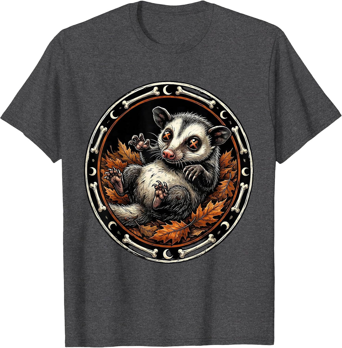 Opossum Playing Dead in Autumn Fallen Leaves T-Shirt - Dark Heather Grey