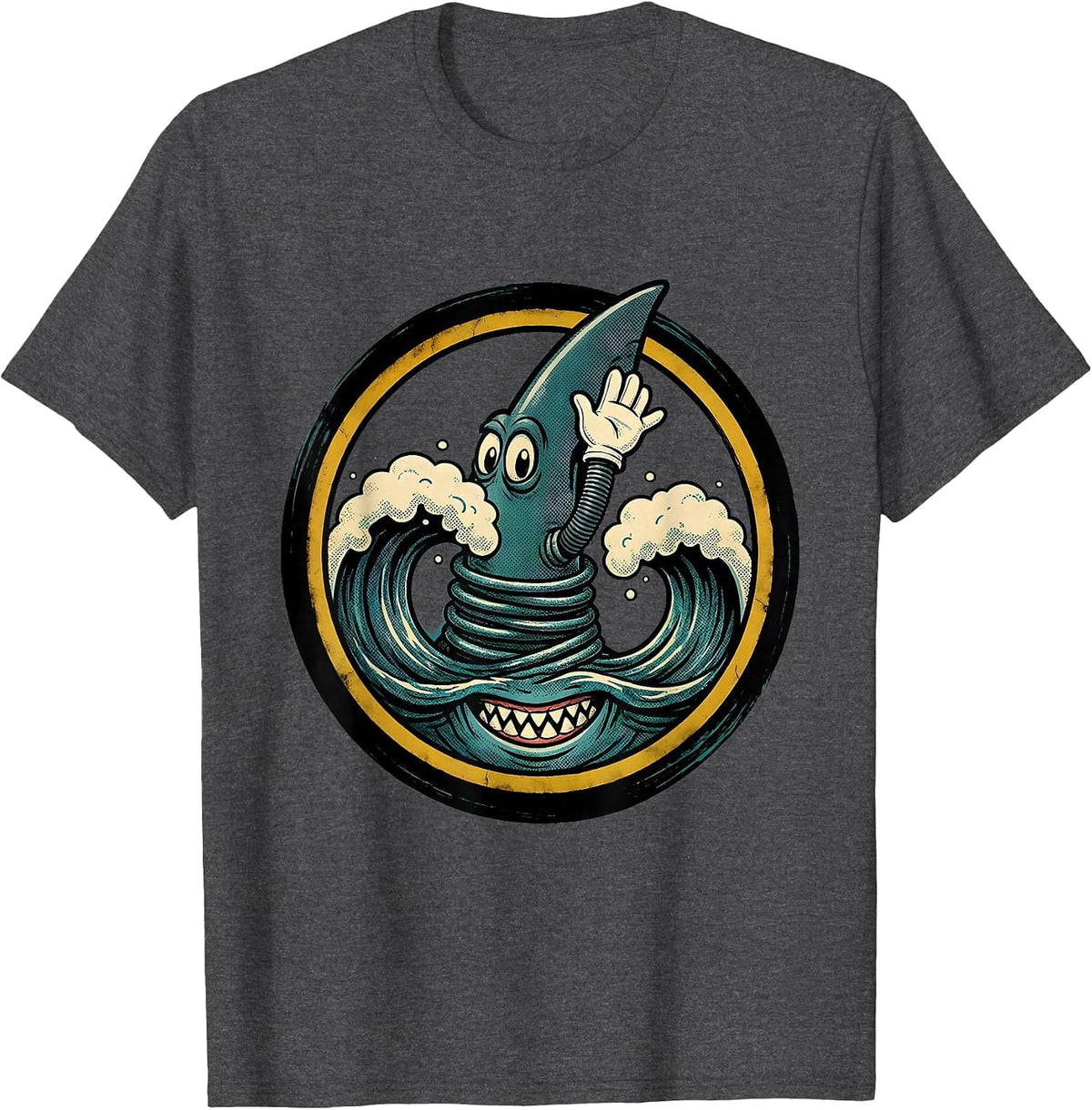 8th Birthday Shark Fin Ocean Waves Graphic T-Shirt - Dark Heather Grey