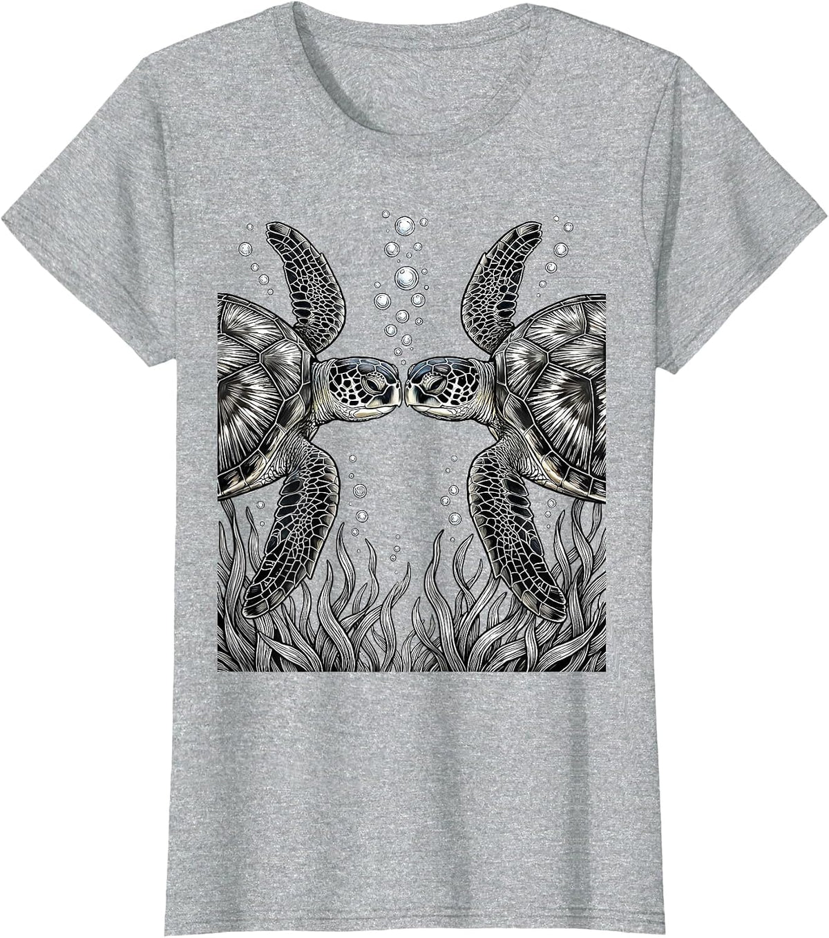 Women's Two Turtles Nose to Nose Underwater Art T-Shirt - Heather Grey