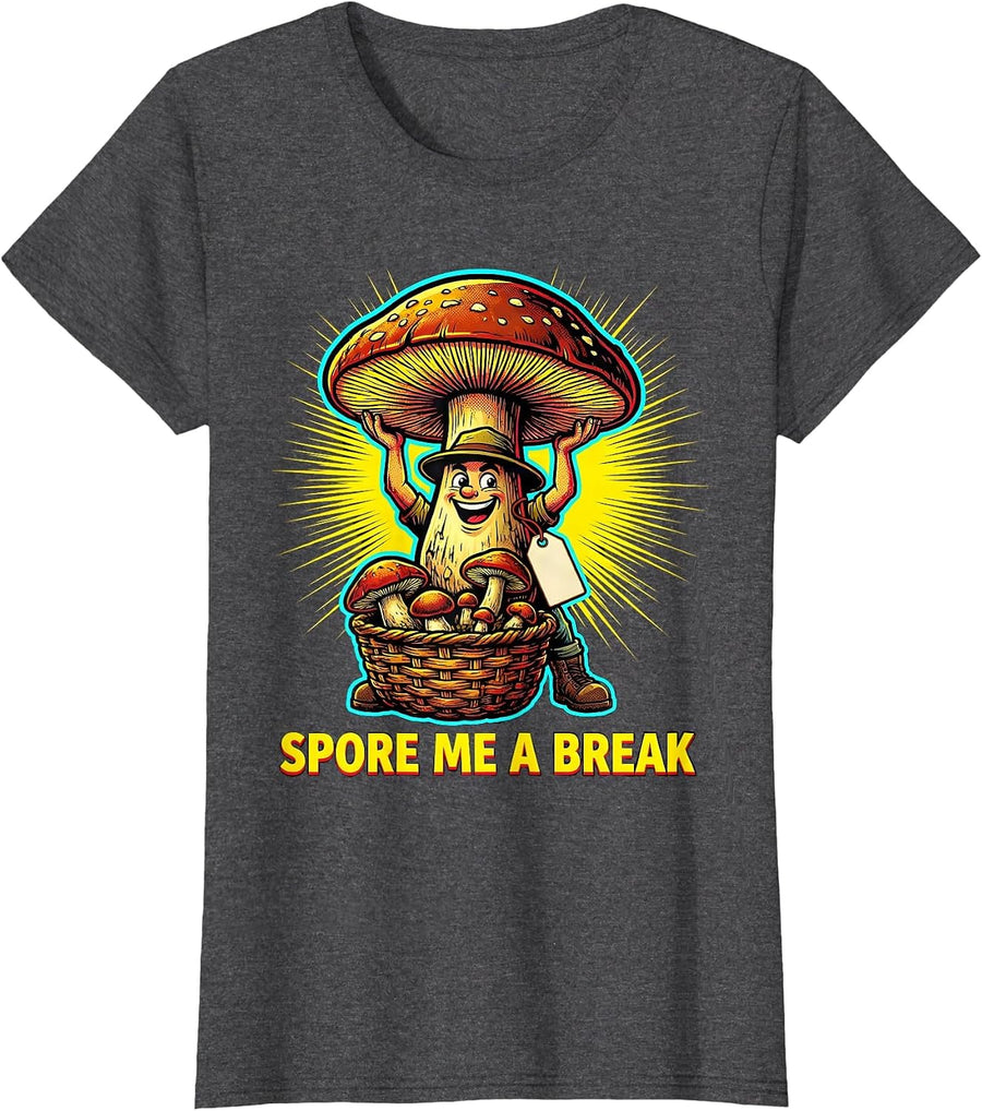 Women's Spore Me A Break Pop Art Funny Mushroom Forager Morel Hunter T-Shirt - Dark Heather Grey