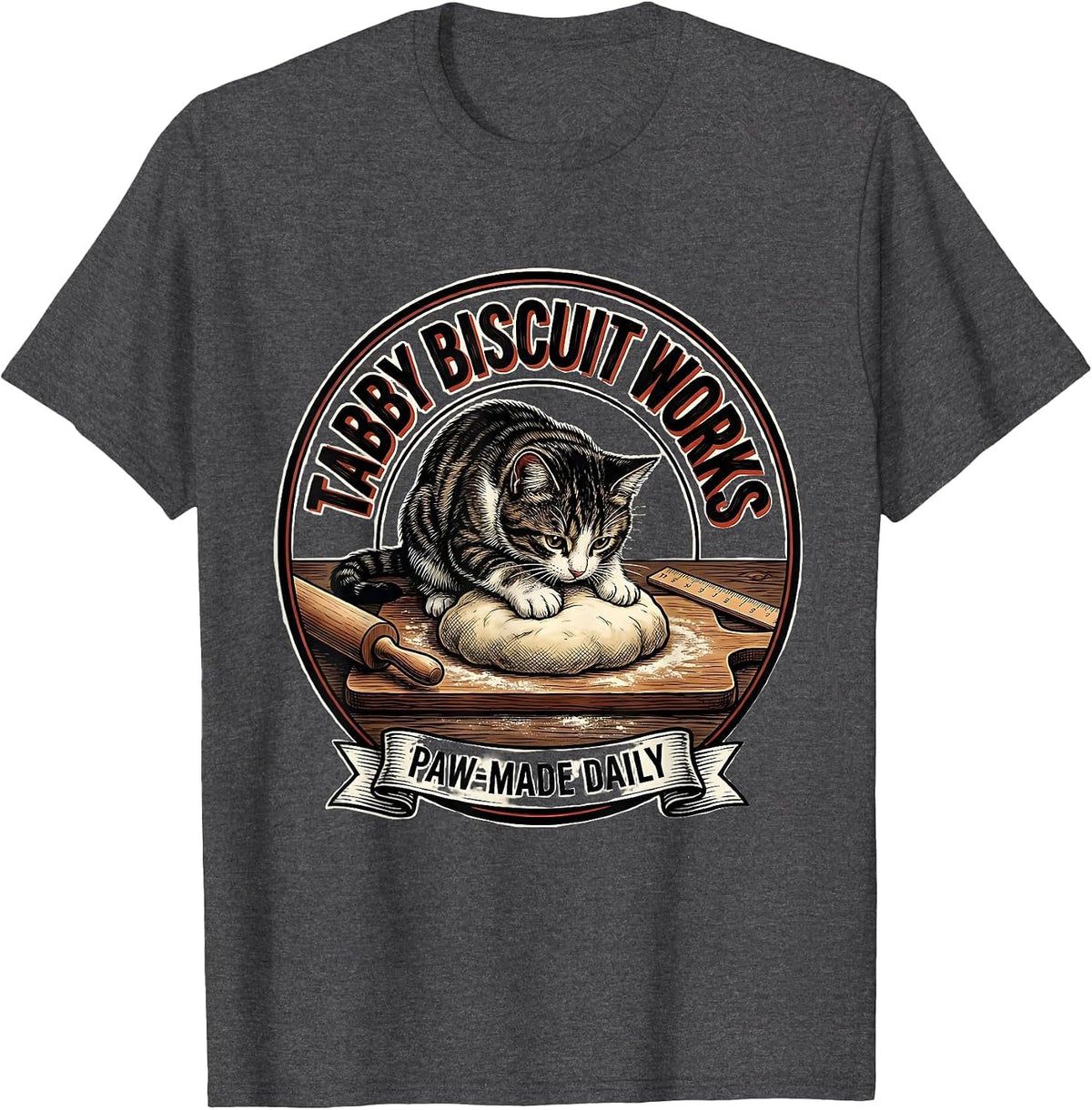 Tabby Biscuit Works Paw-Made Daily Funny Cat Lover Baking T-Shirt - Dark Heather Grey