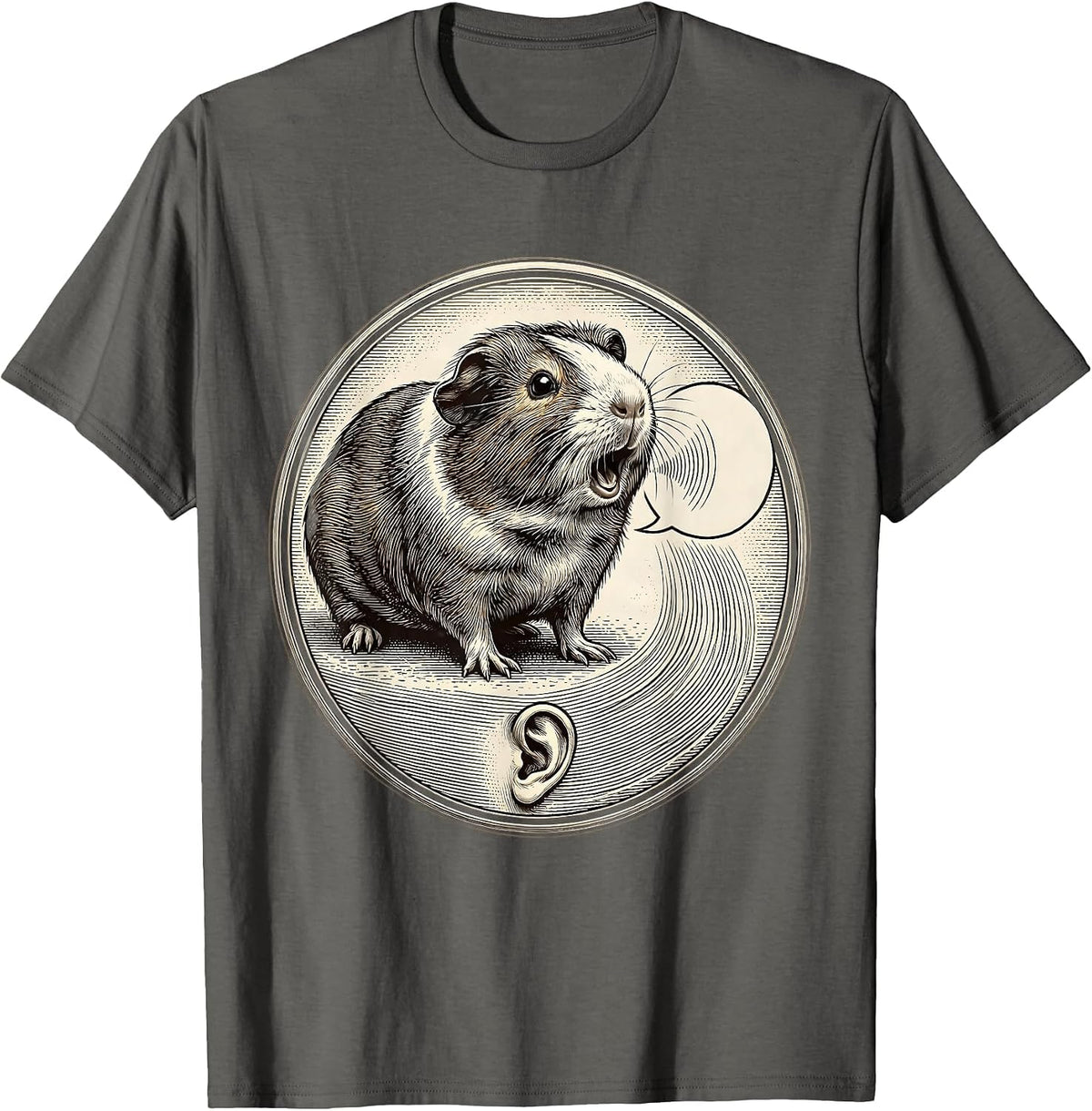 Men's Sealed Guinea Pig Badge Crosshatch Etching Pet Lover Humor T-Shirt - Asphalt Grey
