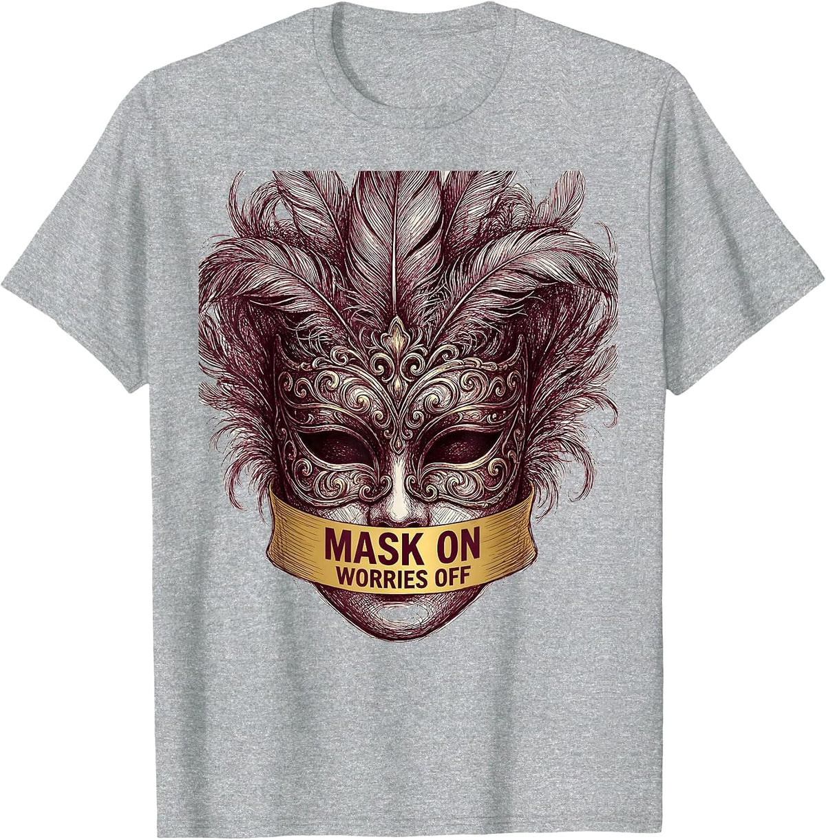 Men's Mask On Worries Off Mardi Gras Design T-Shirt - Heather Grey