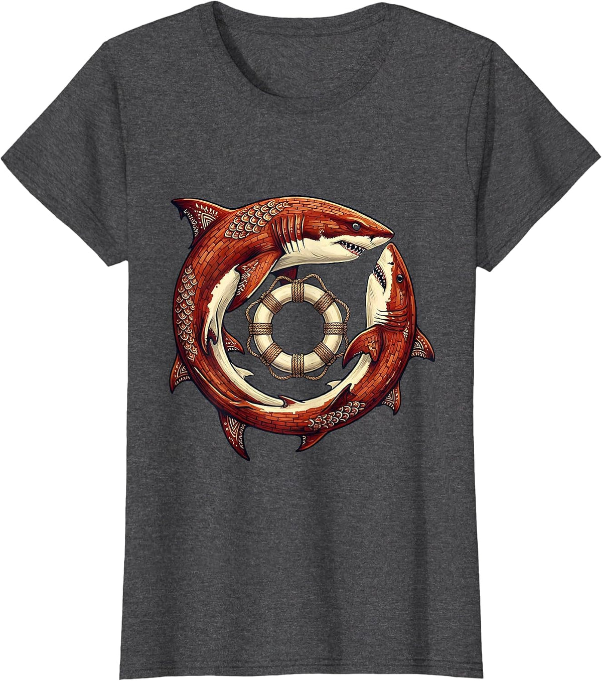 Women's Shark Circling Life Preserver Sailor Graphic T-Shirt - Dark Heather Grey