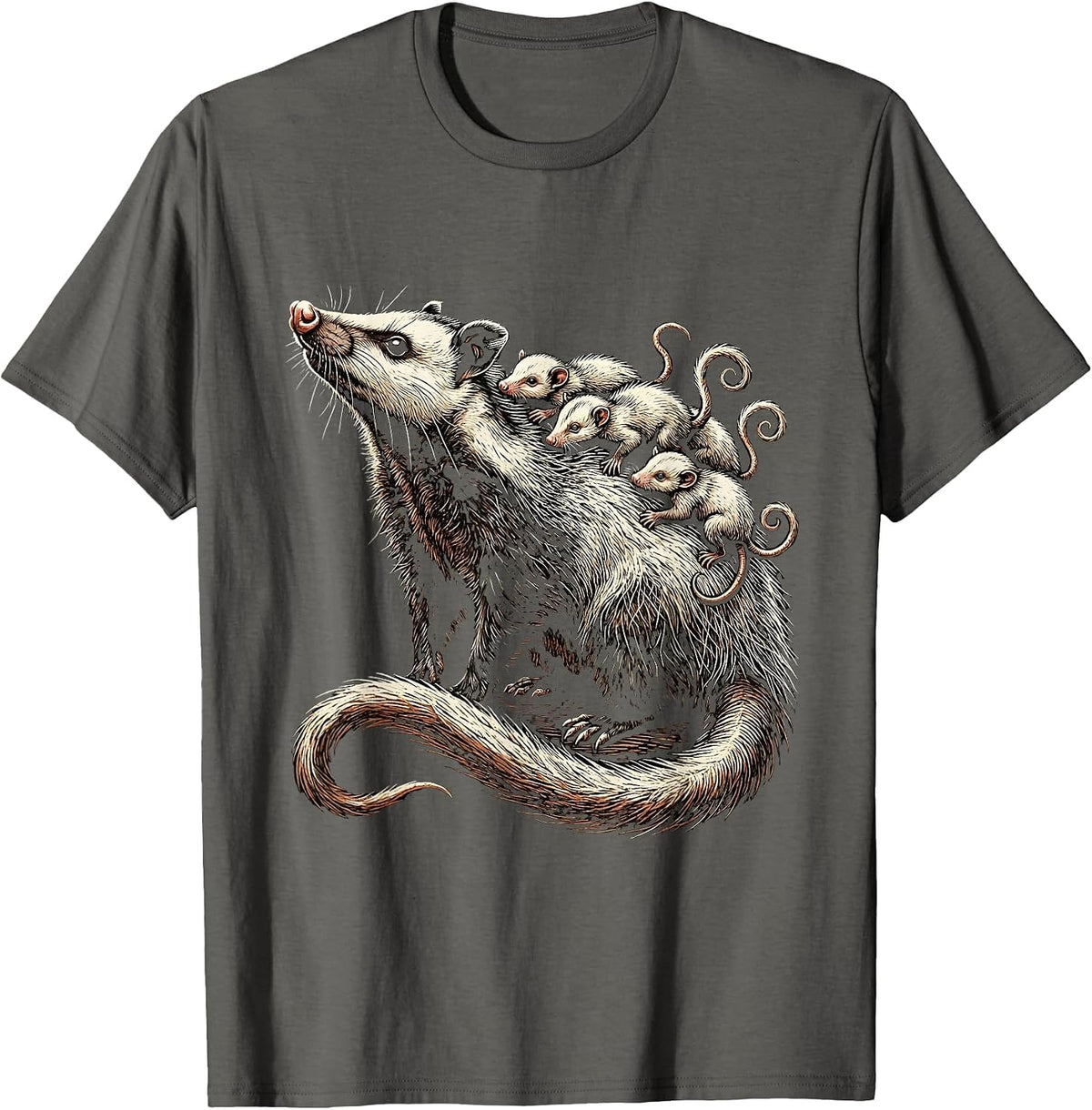Opossum Mother and Babies Graphic Tee T-Shirt - Asphalt Grey