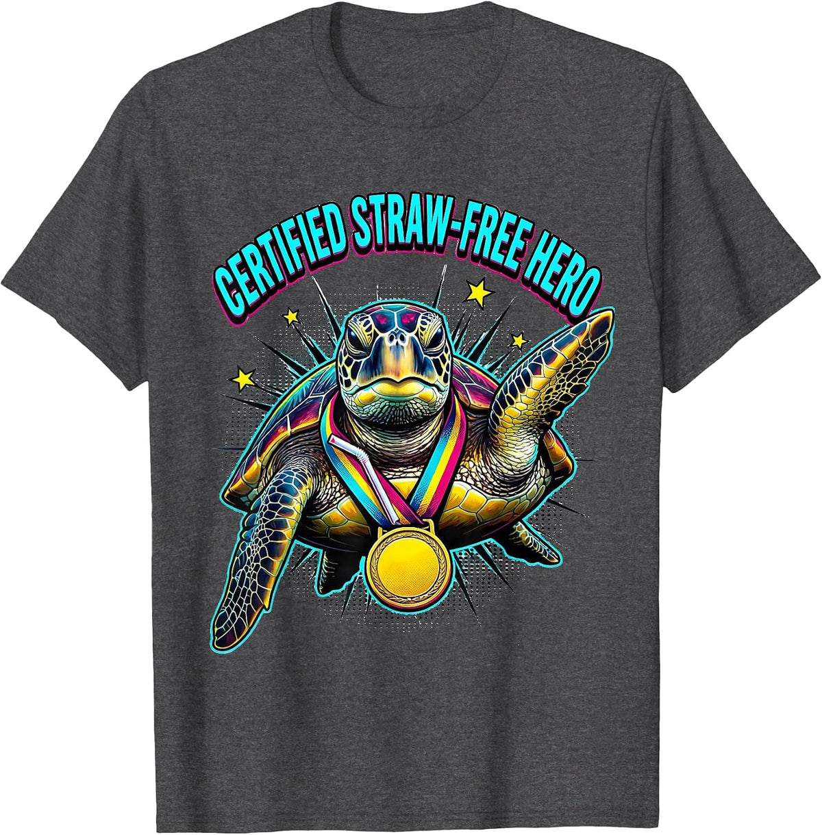 Men's Certified Straw-Free Hero Funny Sea Turtle Plastic Straw T-Shirt - Dark Heather Grey