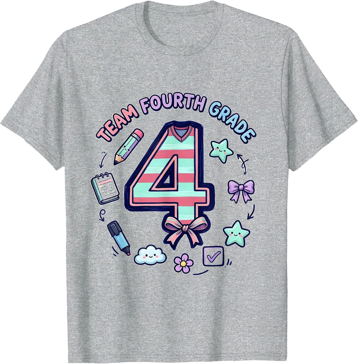 Men's Team Fourth Grade Kawaii Doodle Coquette Bow Back To School T-Shirt - Heather Grey