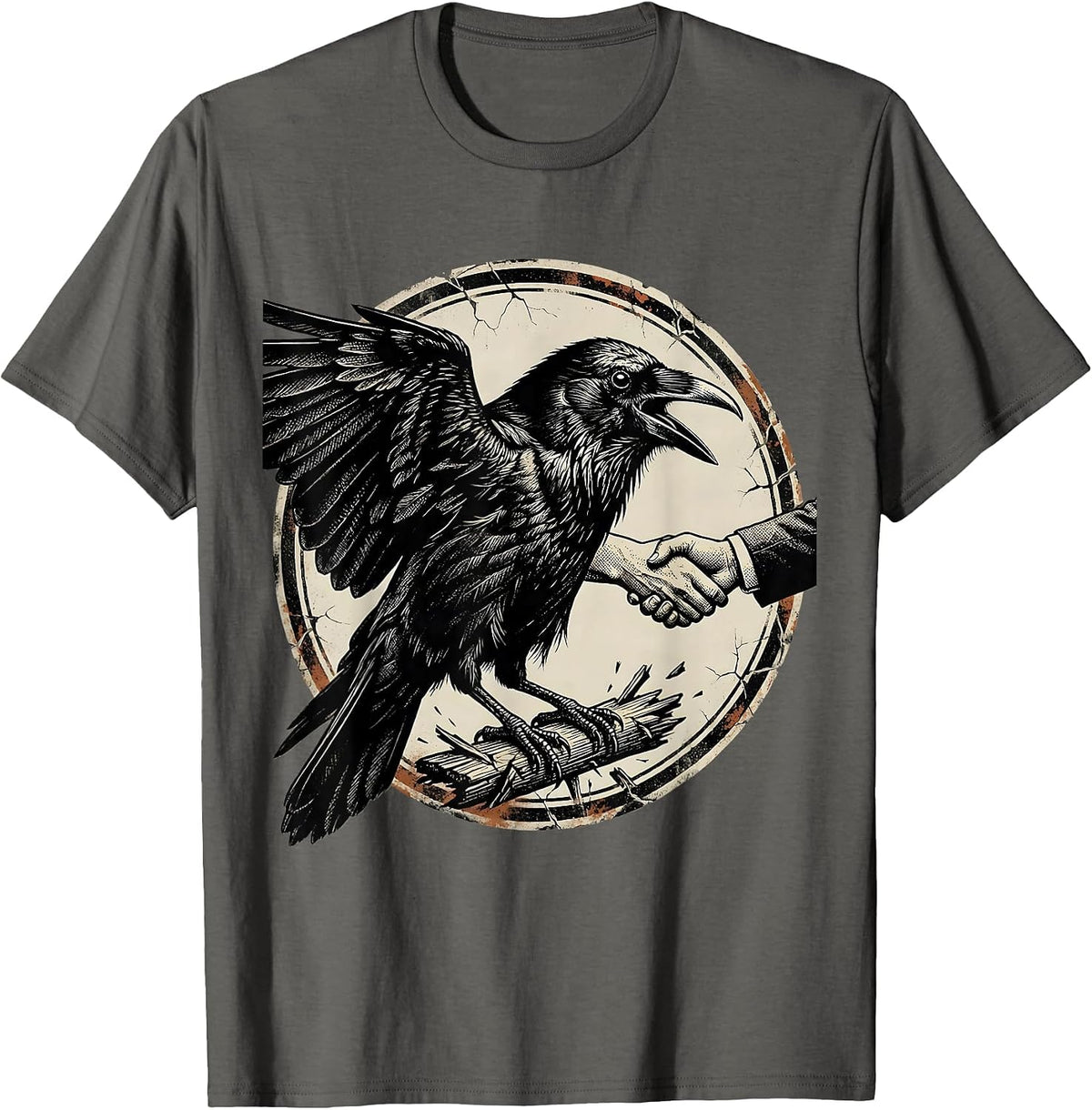 Men's Sealed Crow Badge Distressed Gothic Bird Lover T-Shirt - Asphalt Grey
