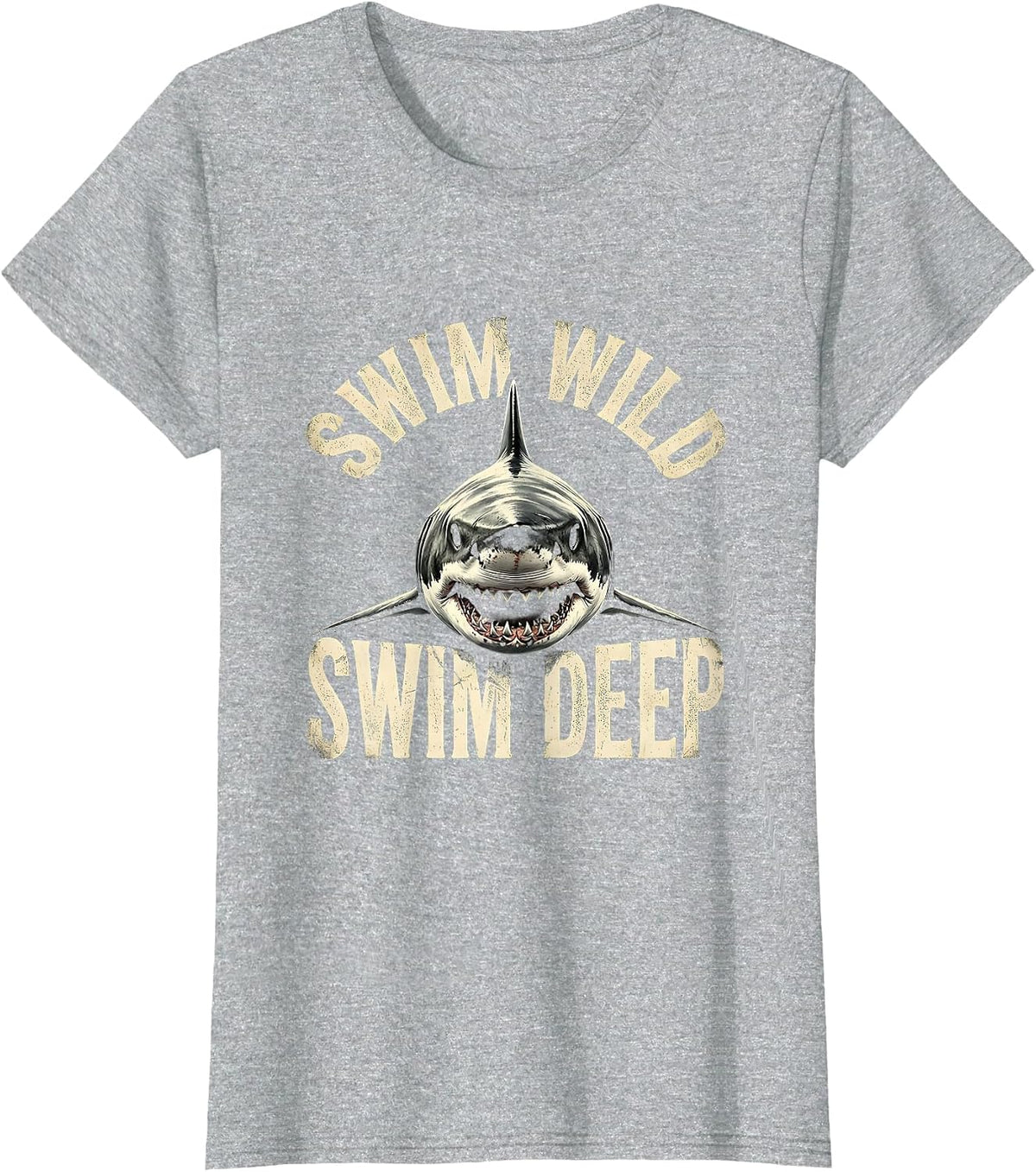 Women's Swim Wild Swim Deep Shark Graphic Design T-Shirt - Heather Grey