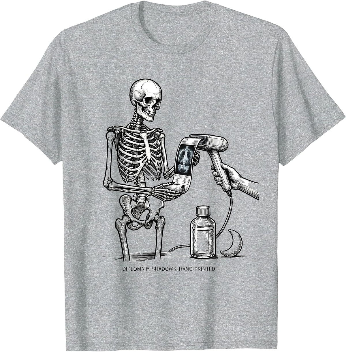 Men's Diploma In Shadows Hand-Printed Radiology Tech Halloween T-Shirt - Heather Grey