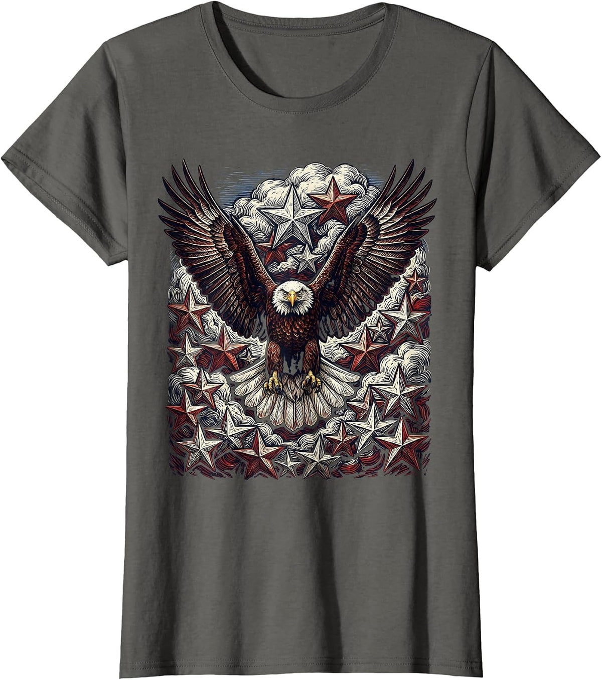 Women's American Flag Eagle Flying Through Stars T-Shirt - Asphalt Grey