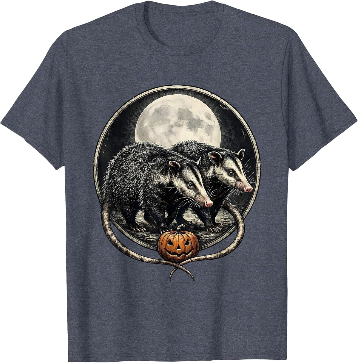 Vintage Opossum Moon Spooky Halloween T-Shirt - Heather Blue