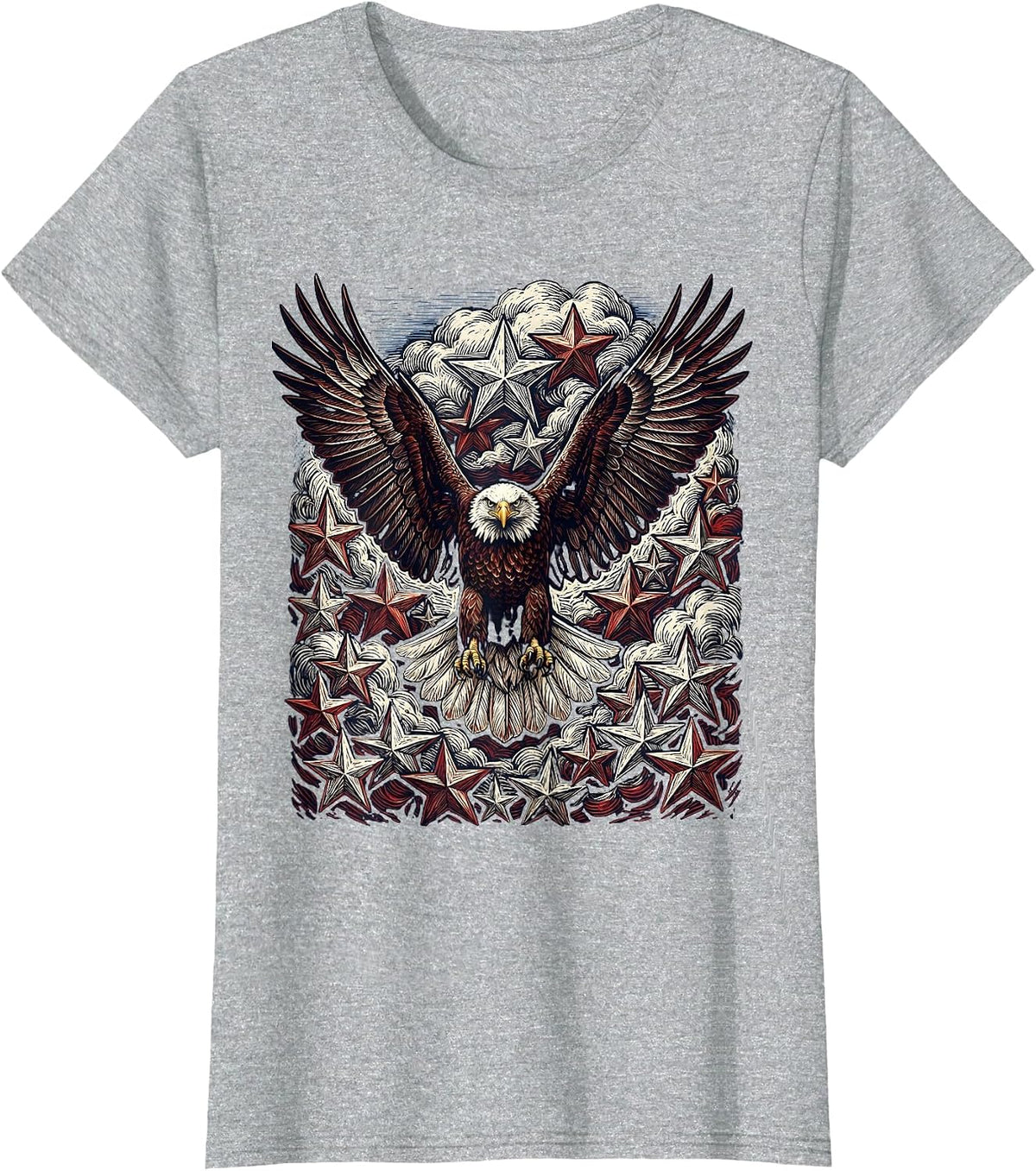 Women's American Flag Eagle Flying Through Stars T-Shirt - Heather Grey